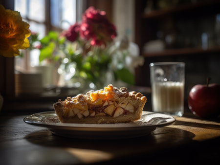 A piece of Apple Pie decorated on a white porcelain plate standing on a massive wooden table with blurry summer flowers in the background.の素材