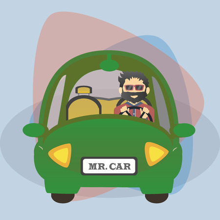 Flat cartoon charachter driver in the car . Hipster driving eco car.のイラスト素材