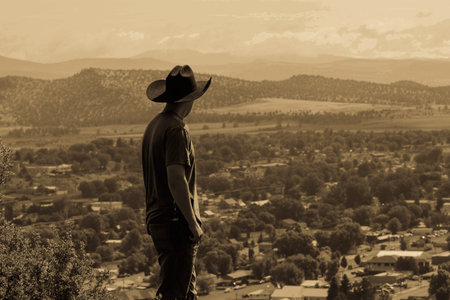 Cowboy Overlooking Townの写真素材