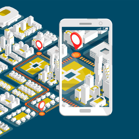 City isometric plan with road and buildings on smart phone. Map on mobile application.
