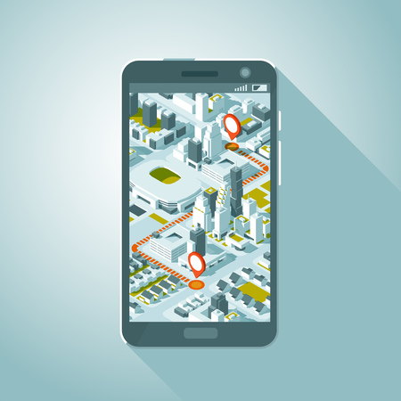 City isometric plan with road and buildings on smart phone. Map on mobile application.のイラスト素材