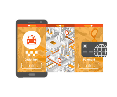 Taxi service mobile application. City isometric map with car and buildings on smart phone. Map on navigate application.のイラスト素材