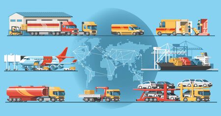 Delivery service concept. Container cargo ship loading, truck loader, warehouse, plane, train.の写真素材