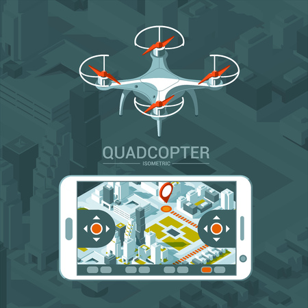 Vector Illustration with quad copter flying over the city and controller on isometric background. Drone delivery, remote control. Isometric style.のイラスト素材