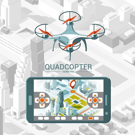 Vector Illustration with quad copter flying over the city and controller on isometric background. Drone delivery, remote control. Isometric style.の写真素材