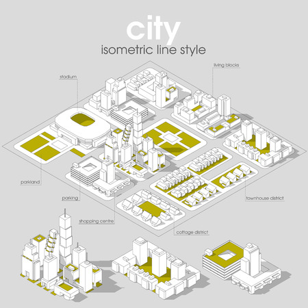 3d vector Isometric info graphic city streets with different buildings, houses, shops and skyscrapers. Line style.の写真素材