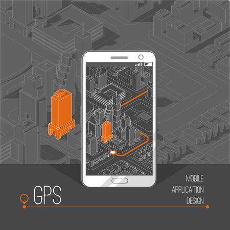 Mobile gps and tracking concept. Location track app on touchscreen smartphone, on isometric city map background. 3d vector illustration.のイラスト素材