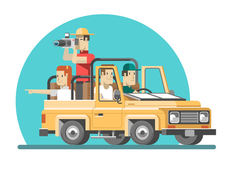 Tourists ride on the savannah in a car and make photos of nature. 3d vector illustration.のイラスト素材