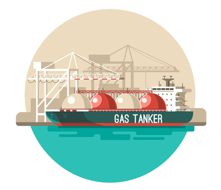 Delivery service concept. Container cargo ship loading, truck loader, warehouse. Flat style vector illustration.のイラスト素材