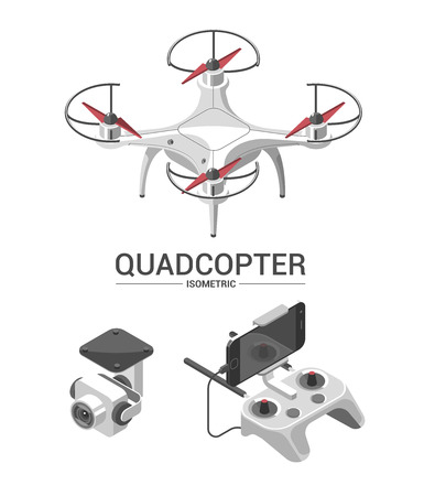 Vector Illustration with quad copter flying over the city and controller on isometric background. Drone delivery, remote control. Isometric style.のイラスト素材