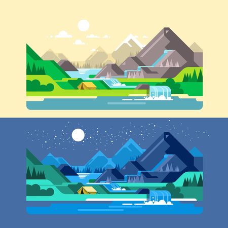 Flat design nature landscape illustration with sun, mountains and clouds. Camping in the mountains.のイラスト素材