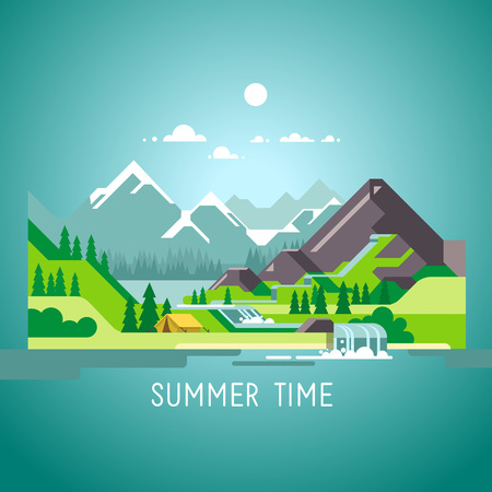 Flat design nature landscape illustration with sun, mountains and clouds.のイラスト素材