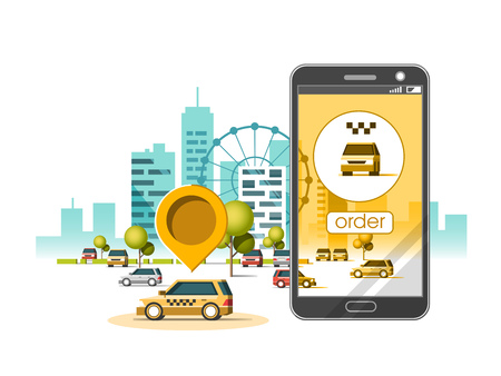 Taxi service mobile application. City skyscrapers building skyline with car on smart phone. Navigate application. Flat vector illustration.のイラスト素材