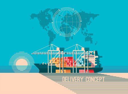 Delivery service concept. Container cargo ship loading, truck loader, warehouse. Flat style vector illustration.のイラスト素材