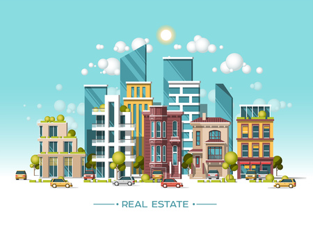 City landscape. Real estate and construction business concept. Flat vector illustration. 3d style.のイラスト素材