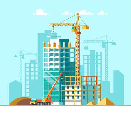 Construction of residential houses. Construction site concept design. Flat style vector illustration.のイラスト素材