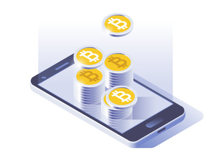 Bitcoin online currency payment and wallet concept. Smart phone screen with money.のイラスト素材