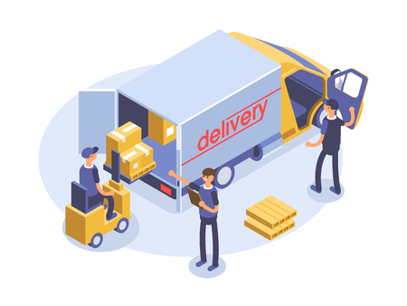 Fast delivery concept. Van, man and cardboard boxes. Product goods shipping transport. Isometric illustration.のイラスト素材