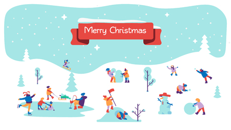 Merry Christmas background with winter outdoor leisure activities, people making a snowman.のイラスト素材