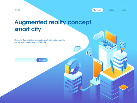 Augmented reality concept. Smart city technology. Landing page template. 3d vector isometric illustration.のイラスト素材