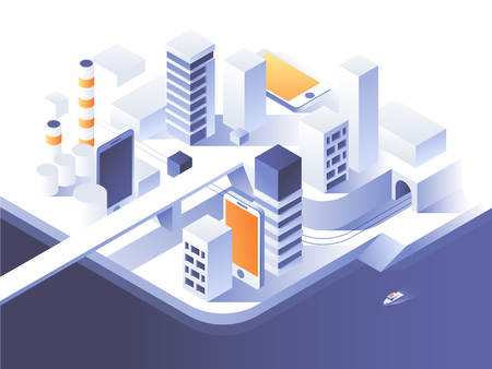 Augmented reality concept. Smart city technology. Simple low poly architecture. 3d vector isometric illustration.の写真素材