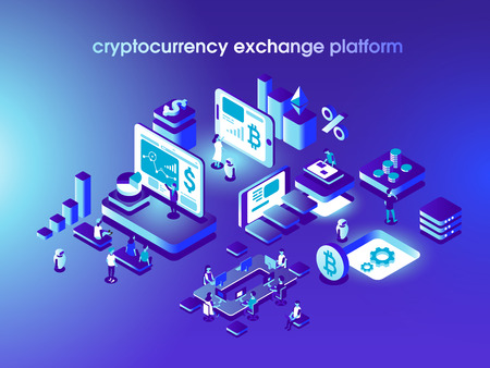 Cryptocurrency and blockchain isometric composition with people, analysts and managers working on crypto start up. Isometric vector illustration.のイラスト素材