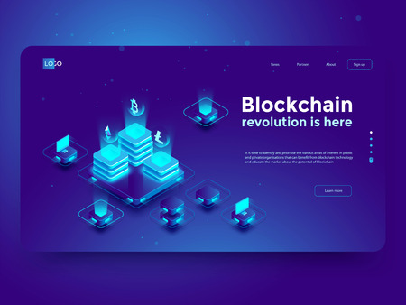 Cryptocurrency and blockchain isometric composition with people, analysts and managers working on crypto start up. Isometric vector illustration.のイラスト素材