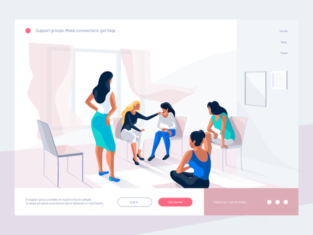 Women talk and share personal experience during group therapy. Life situations and solving problemsのイラスト素材