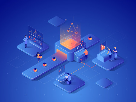 People interacting with charts and analysing statistics. Data visualisation concept. 3d isometric illustration.のイラスト素材