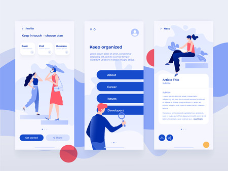 People work and interacting with graphs, shapes and devices. Data analysis and office situations. Flat vector illustration. Mobile application template.のイラスト素材