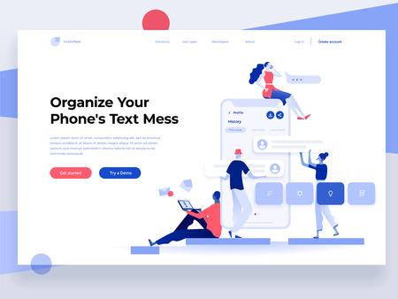 People build a mobile application and interact with parts of the interface. App development. Landing page template. Flat vector illustrationのイラスト素材