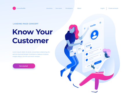 People fly and build a customer profile in a mobile application. Data analysis and office situations. Isometric vector illustration. Landing page concept.のイラスト素材