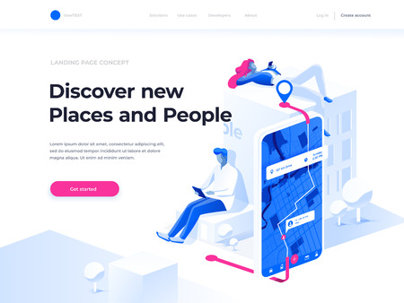 Navigation app with map and location pin. GPS and Tracking Mobile Applications Concept. People chat and explore the route using smartphones. Isometric illustration. Augmented reality concept.の写真素材