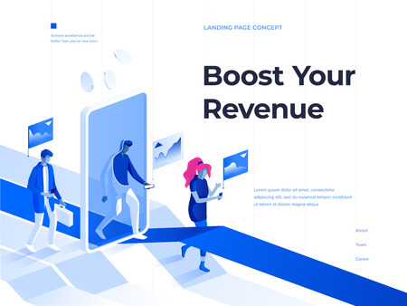 People walk with smartphones and get rewards going through a mobile application screen. Bussines and Success. 3d isometric vector illustration. Landing page and header concept.のイラスト素材