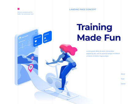 A woman doing a workout on a bike-trainer and using a mobile application to watch out her performance. Sport and recreation. Isometric illustration. Landing page concept.のイラスト素材
