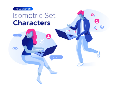 People work and interacting with graphs, icons and devices. Data analysis and office situations. 3D Isometric vector illustration set. Mobile application and website header images on white background.の写真素材