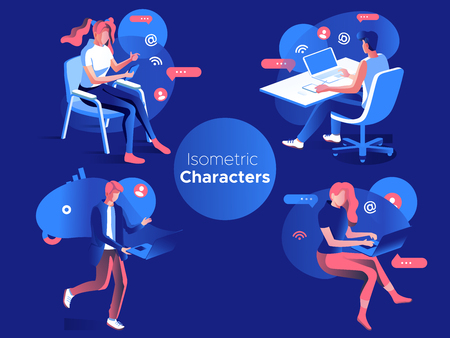 People work and interacting with graphs, icons and devices. Data analysis and office situations. 3D Isometric vector illustration set. Mobile application and website header images on dark background.の写真素材