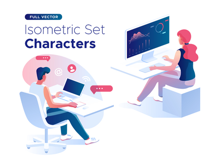 People work and interacting with graphs, icons and devices. Data analysis and office situations. 3D Isometric vector illustration set. Mobile application and website header images on white background.の写真素材