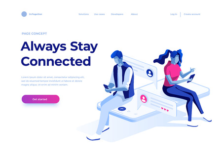 Virtual relationships, online dating and social networking concept - teenagers chatting on the Internet. Vector 3d isometric illustration. Landing page conceptのイラスト素材