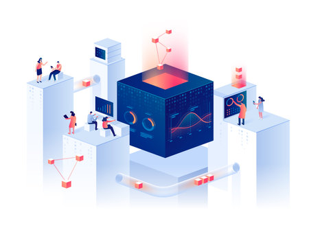 People interacting with charts and analyzing statistics. Data visualization concept. 3d isometric vector illustration.のイラスト素材