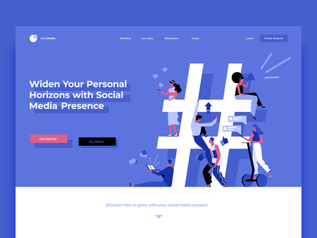 Relationship, online dating and networking concept - people sharing information via social media platforms and interacting with icons. Landing concept, cartoon style. Flat vector illustrationの写真素材