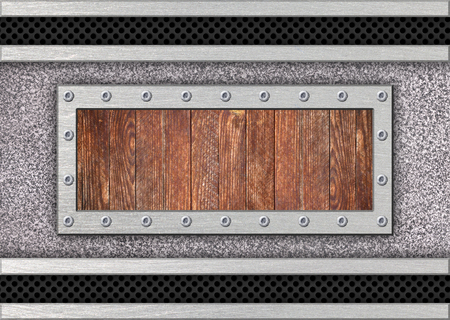 metal plate with mesh and wooden inserts for designの写真素材