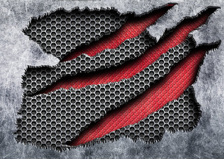ragged metal with a red mesh background damaged steel, 3d, illustrationの写真素材