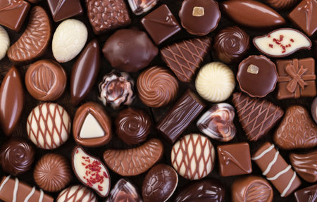 various chocolate candies and pralines, sweet food backgroundの写真素材