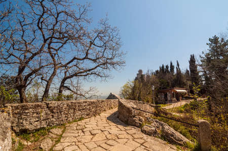 Stone road to the Cesta tower (De La Fratta) in San Marino Republicの写真素材