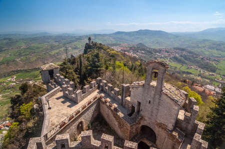 Panoramic view of a old tower Montale with fortress Guaita in the foreground.のeditorial素材