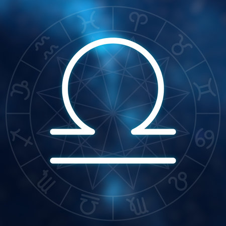 Zodiac sign - Libra. White thin simple line astrological symbol on blurry abstract space background...