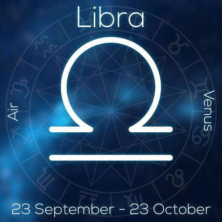 Zodiac sign - Libra. White line astrological symbol with caption, dates, planet and element on blurry abstract background with astrology chart.の写真素材