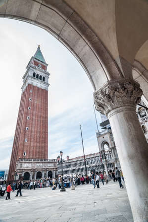 VENICE, ITALY - APRIL 13, 2013 : Campanile San Marco and decorative element of the arch of Dogeのeditorial素材