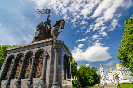 Monument of Prince Vladimir against Assumption cathedral or Dormition Cathedral in Vladimir, Russia. Golden Ring of Russia. UNESCO World Heritage Site. White Monuments of Vladimir and Suzdal.のeditorial素材